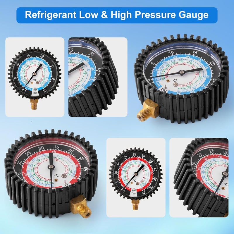 Tigbear R134A R1234YF R410A Refrigeration Pressure Gauge, Manifold Gauge Kit, High and Low Recharge Manifold Gauge with 1/8" Male NPT, 800 PSI, 80mm - Image 5